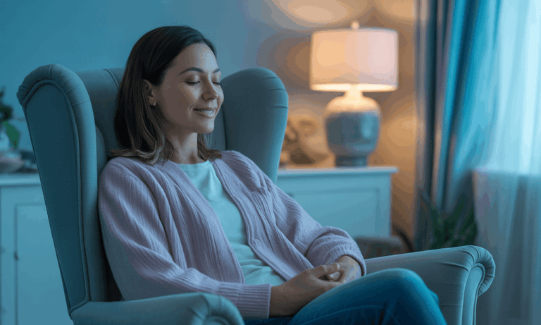 Woman experiencing peaceful moment during hypnotherapy for OCD.