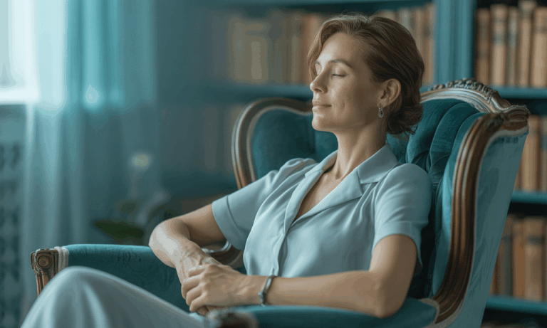 Man undergoing past life regression therapy in a professional hypnotherapy session.