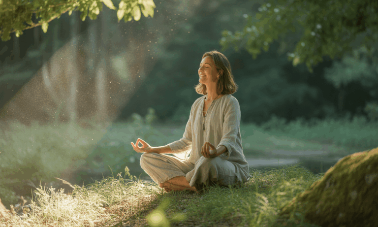 Young man meditating during spiritual hypnosis surrounded by candles and plants.