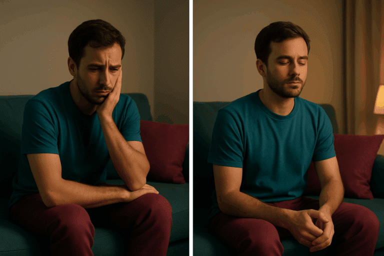 Man sitting alone on a couch, transitioning from a tense, anxious expression to a calm, relaxed state.