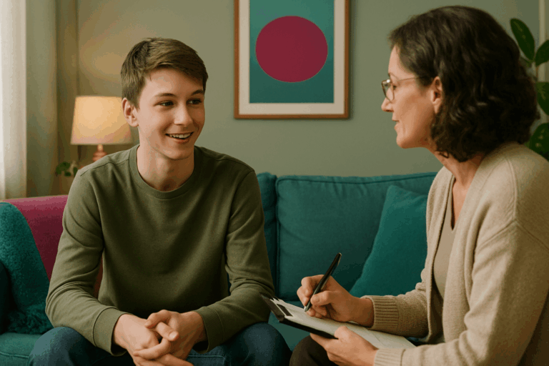 Smiling teenage boy sitting on a couch and talking with a female therapist in a cozy, colorful room.
