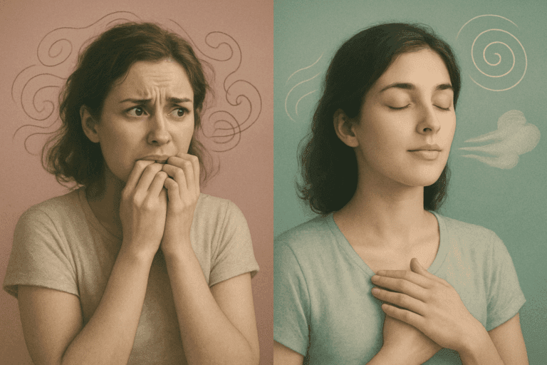 Side-by-side images showing one anxious woman with swirling thoughts, and another calm woman breathing deeply with visual calm swirls.