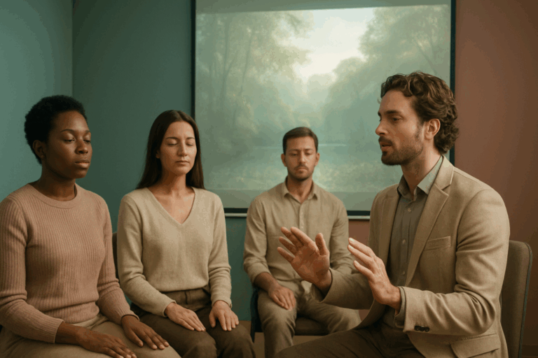 A group hypnotherapy session with three clients sitting calmly with eyes closed, guided by a male therapist in a tranquil, softly lit room.