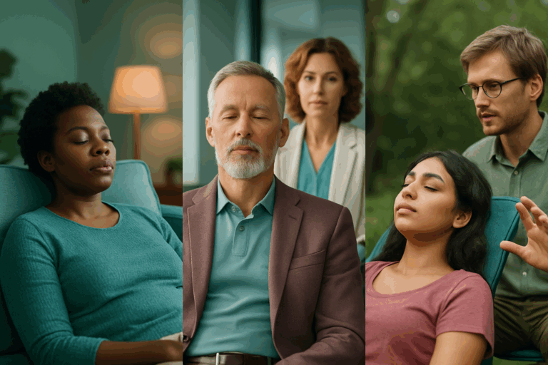 A collage of three hypnotherapy sessions featuring diverse individuals and therapists, each participant sitting calmly with eyes closed in a relaxed setting.