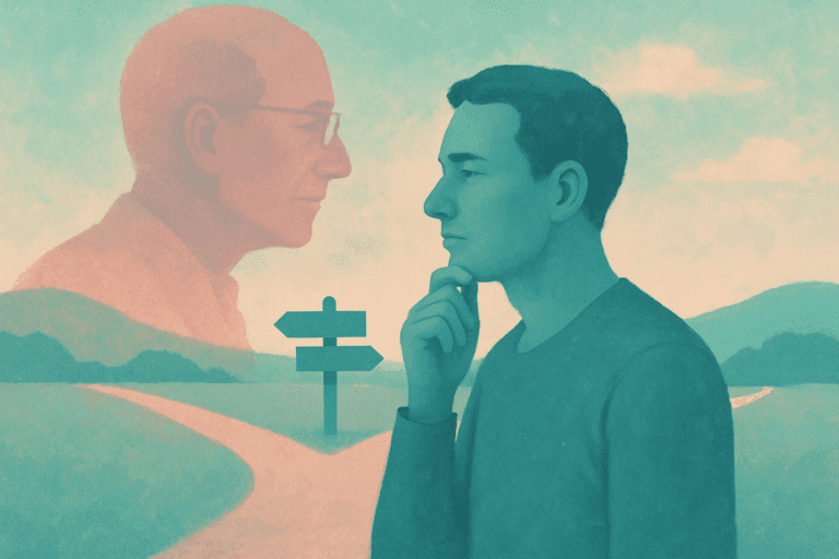 Surreal illustration of a young man deep in thought at a crossroads, facing the translucent image of an older man, symbolizing self-reflection and decision-making.