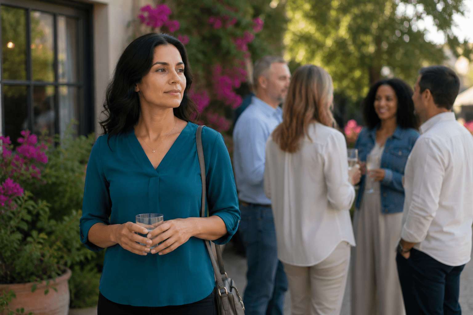 Woman preparing to join a social conversation in a bright outdoor setting