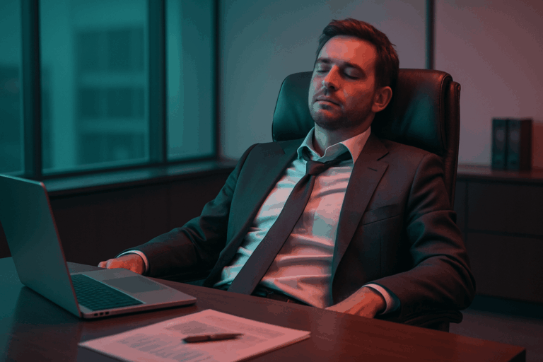 Businessman in a suit sitting at his office desk with eyes closed, appearing exhausted and overwhelmed.