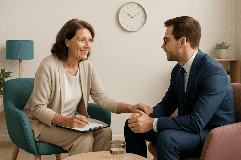 Female coach smiling and holding the hand of a male client in a supportive conversation.