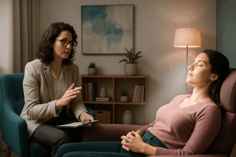 Woman with eyes closed during a hypnotherapy session while the therapist guides her calmly.