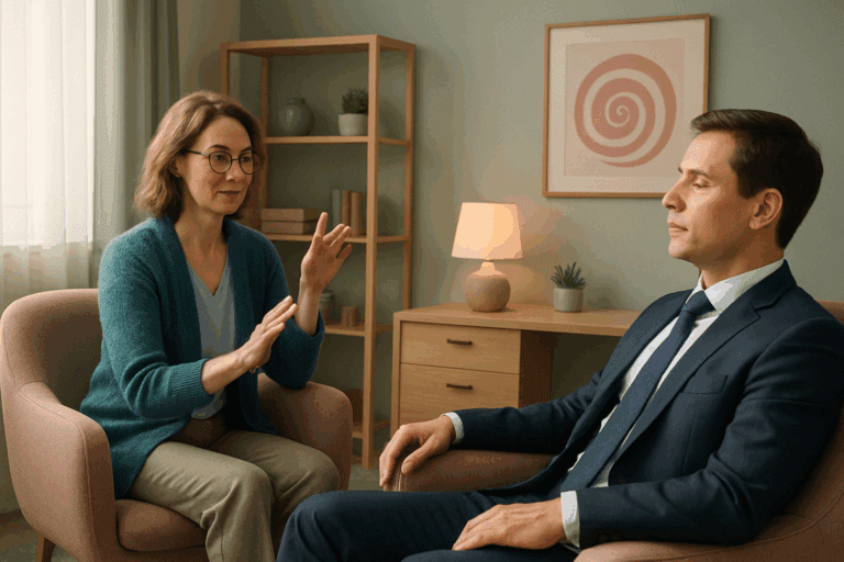 Hypnotherapist guiding a businessman in a hypnosis session.