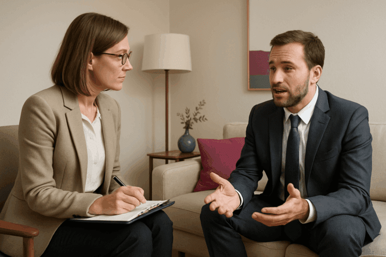 Hypnotherapist listening to a client during session, showing confidence through hypnosis.