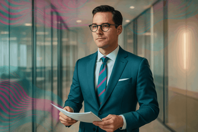 Confident businessman holding documents in an office hallway, symbolizing focus and clarity.