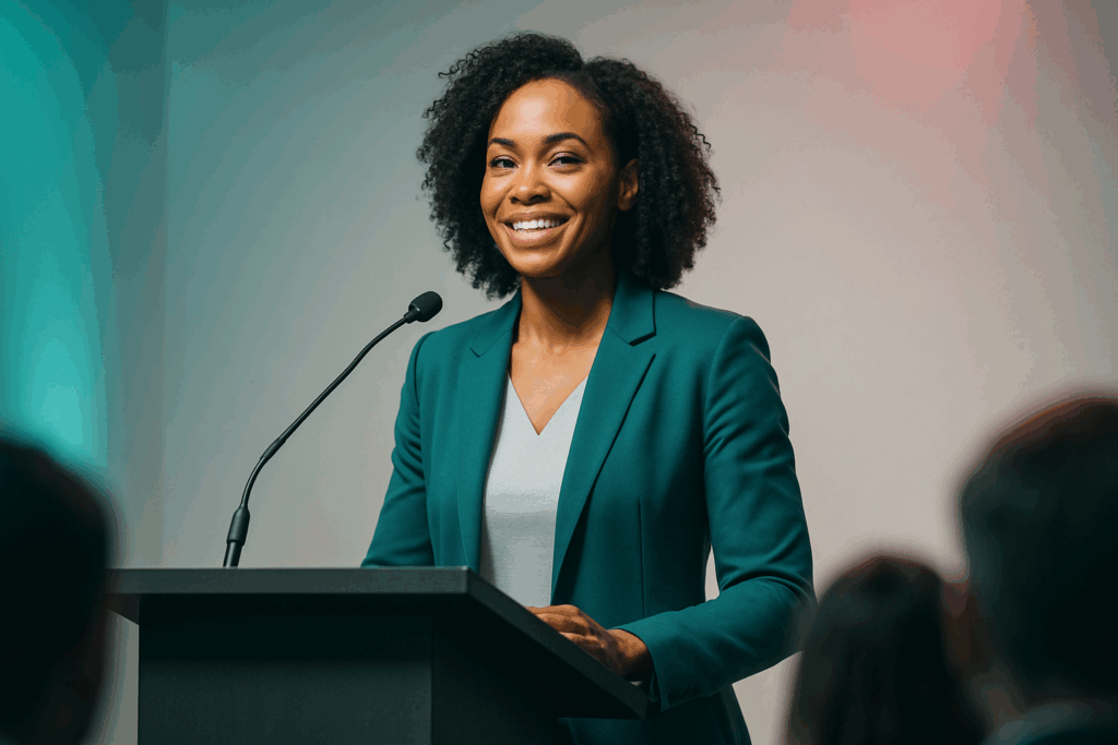 
Confident woman speaking at a podium during a public event.
