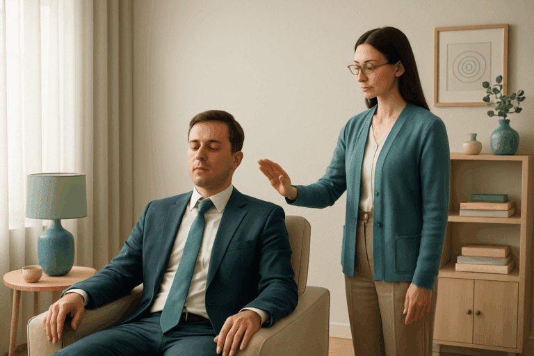 Business executive in a hypnosis session guided by a hypnotherapist.