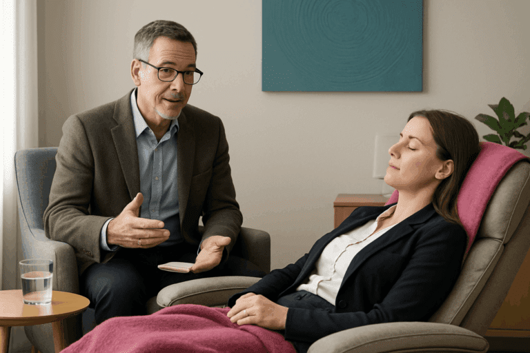 Hypnotherapist guiding a client during a session, showing how hypnosis builds confidence in high-stakes careers.