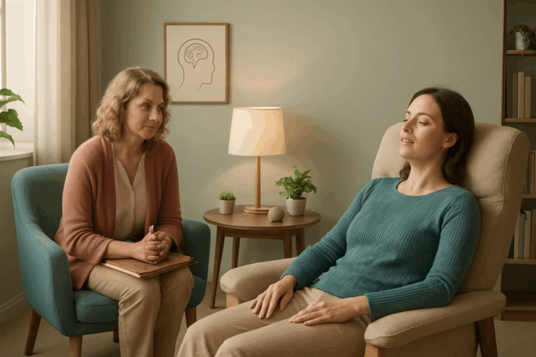 Hypnotherapist guiding a woman into deep relaxation during a hypnosis session.