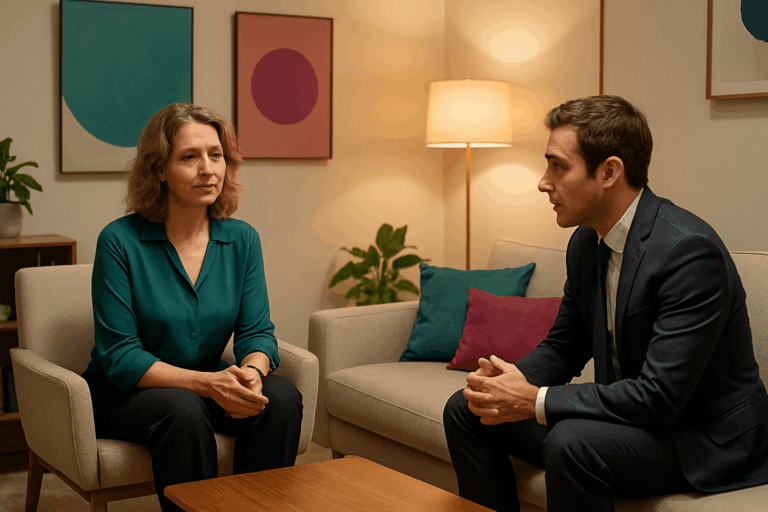 Therapist and client in a calm office setting during a hypnotherapy consultation.
