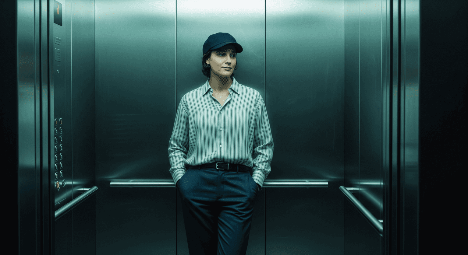 Person standing relaxed inside an elevator with calm posture.