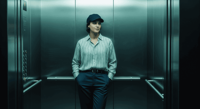 Person standing relaxed inside an elevator with calm posture.