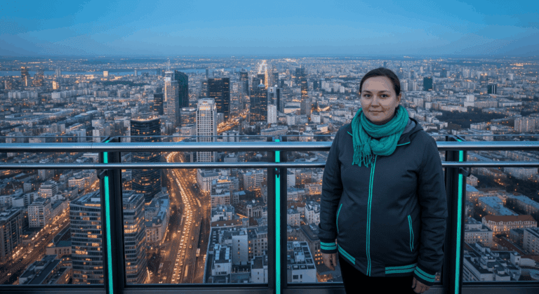 Person standing calmly on a high-rise observation deck overlooking a city.