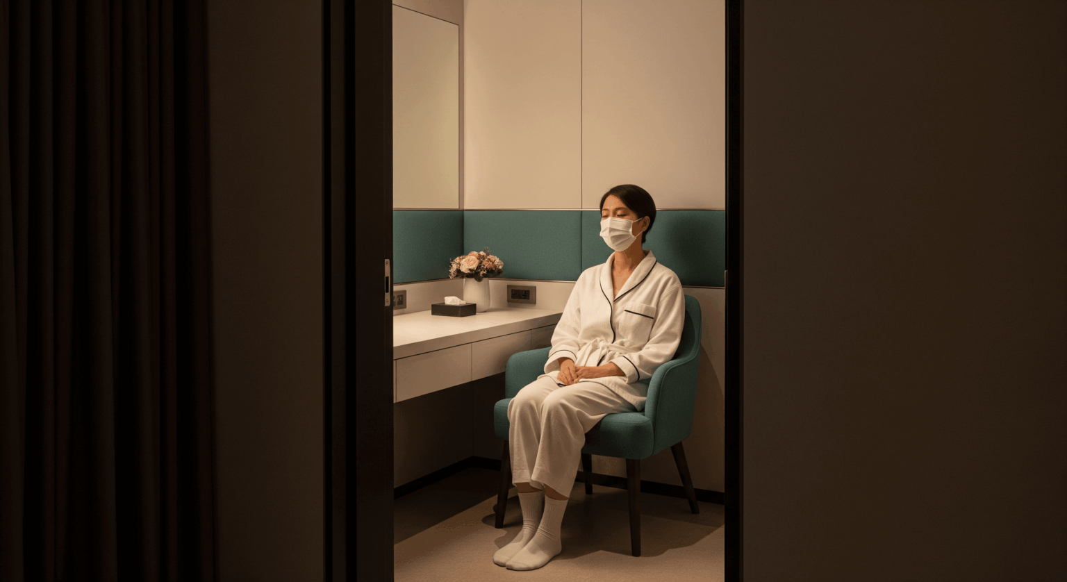Person sitting peacefully in a quiet enclosed room with teal accents.