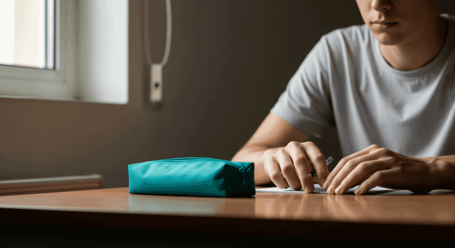 Student writing exam with teal pencil case on desk.