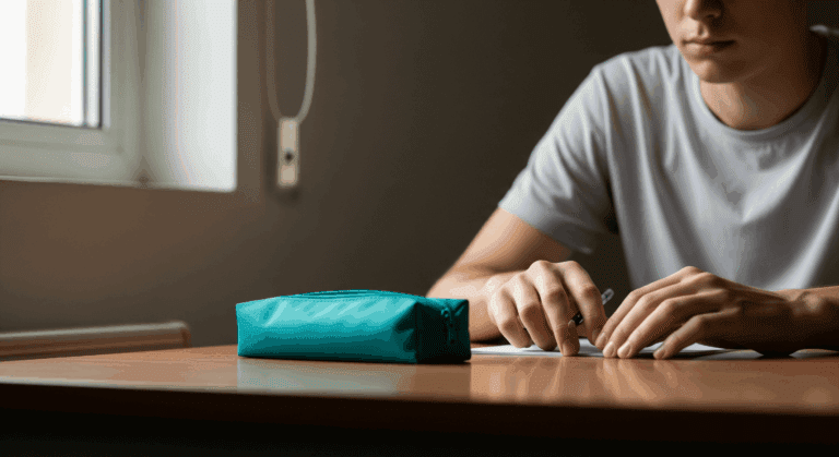 Student writing exam with teal pencil case on desk.