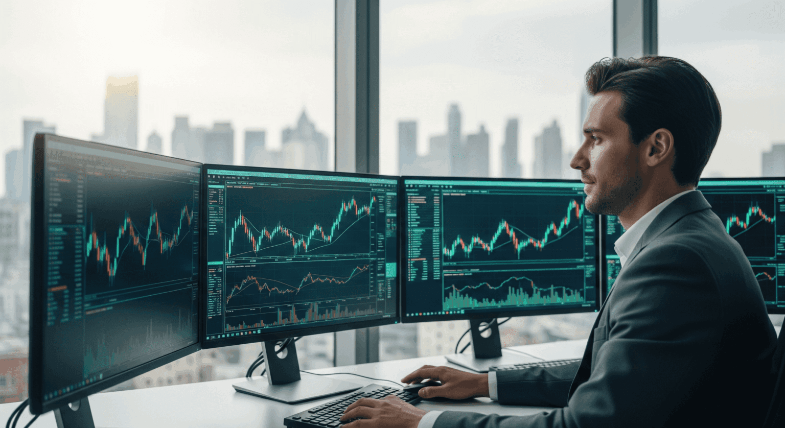Stock trader calmly analyzing multiple market charts on computer screens.