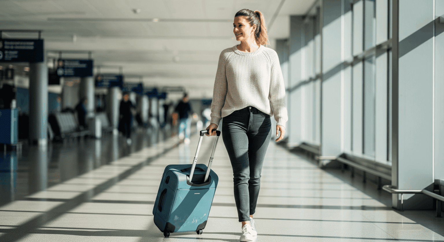 Traveler walking confidently through an airport with teal suitcase.