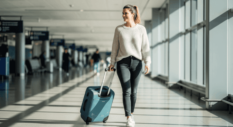 Traveler walking confidently through an airport with teal suitcase.