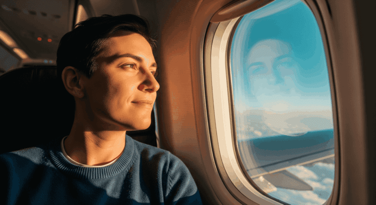 Calm traveler looking out airplane window with relaxed expression.