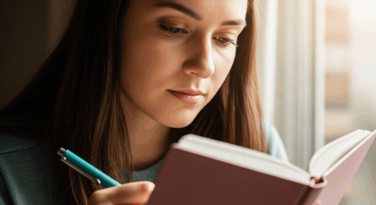 Focused woman reading a journal for self-reflection and personal growth with hypnosis