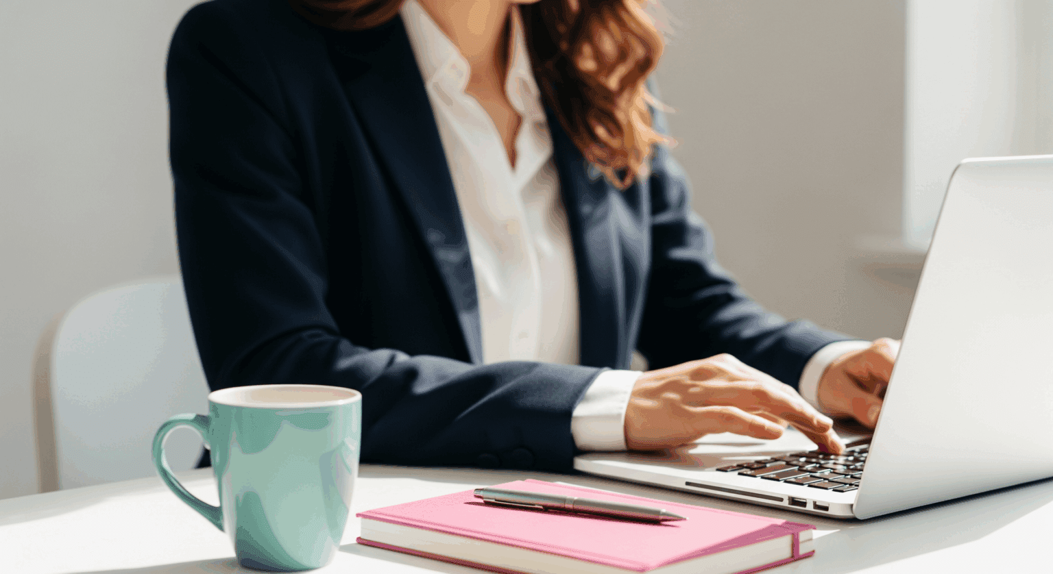 Professional woman focusing on work with clarity and calm after hypnosis session