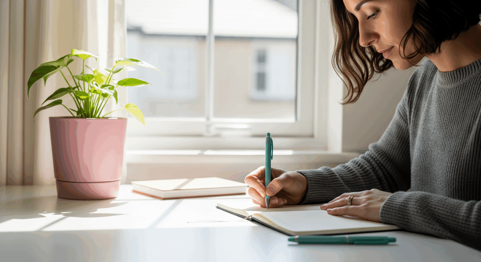 Focused woman journaling to clear mental blocks and improve mindset through hypnosis