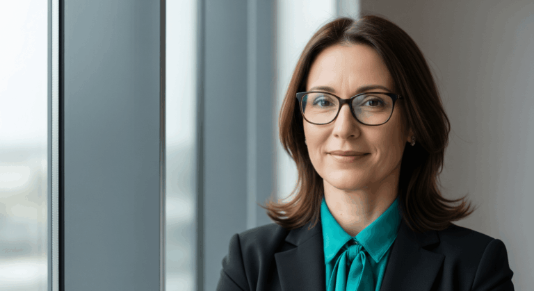 Confident professional woman smiling with leadership clarity after hypnosis session
