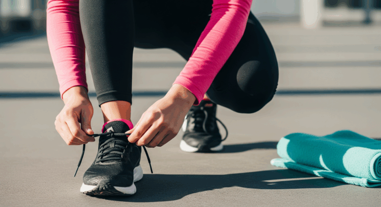 Athlete tying shoes before training, focusing mind and body through sports hypnosis