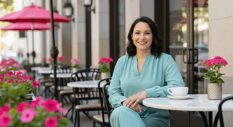 Relaxed woman enjoying coffee at a cafe, symbolizing hypnosis for work-life balance in San Jose