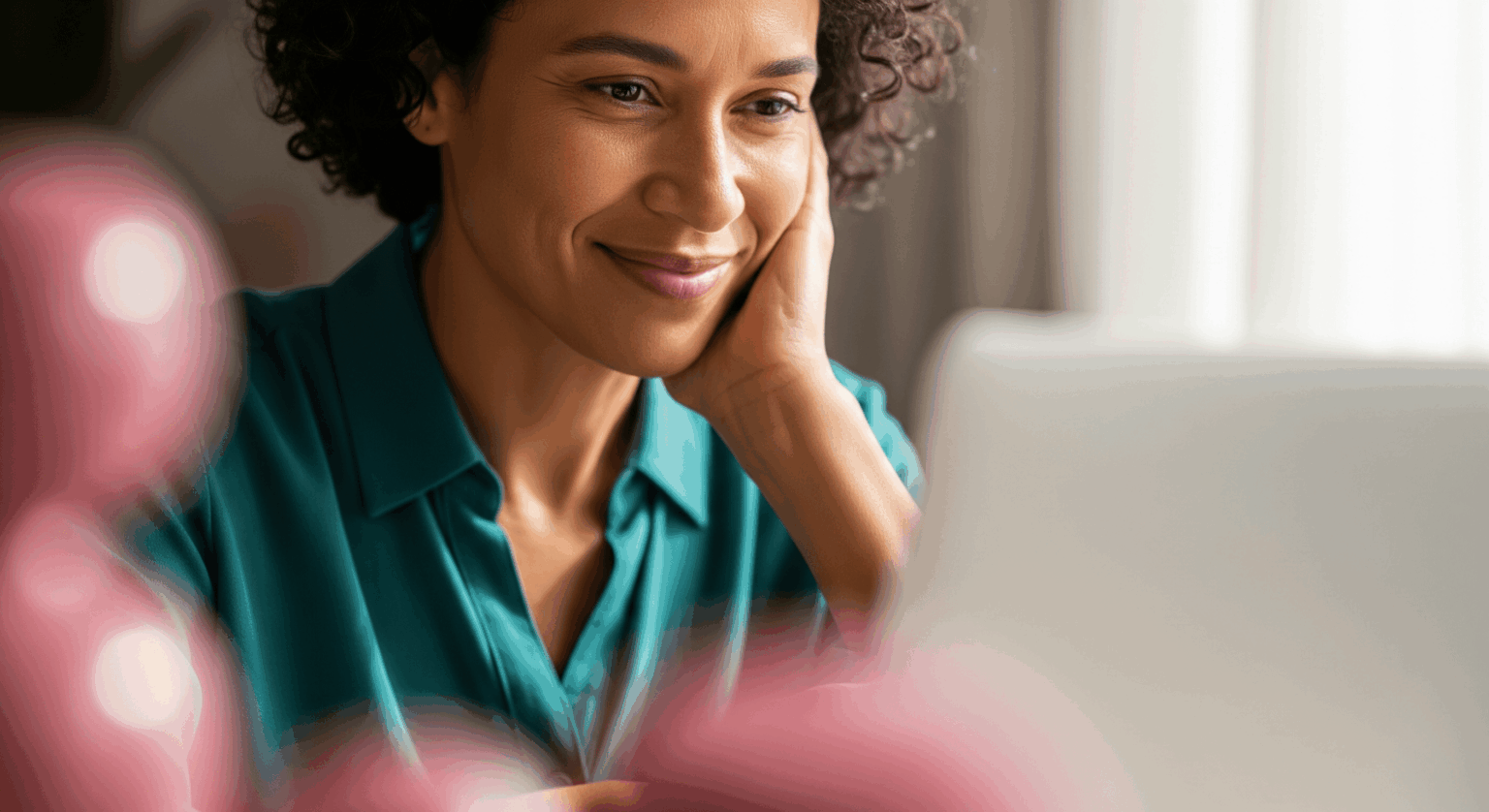 Smiling woman using hypnosis techniques to overcome financial fear and gain confidence