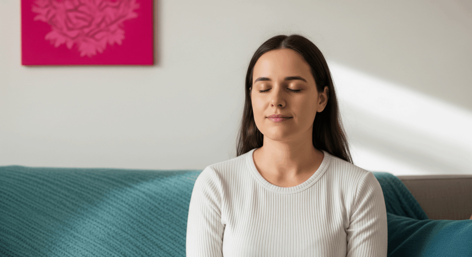 Young woman meditating peacefully, symbolizing breaking bad habits through hypnosis