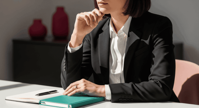 Professional woman thinking with notebook on desk.