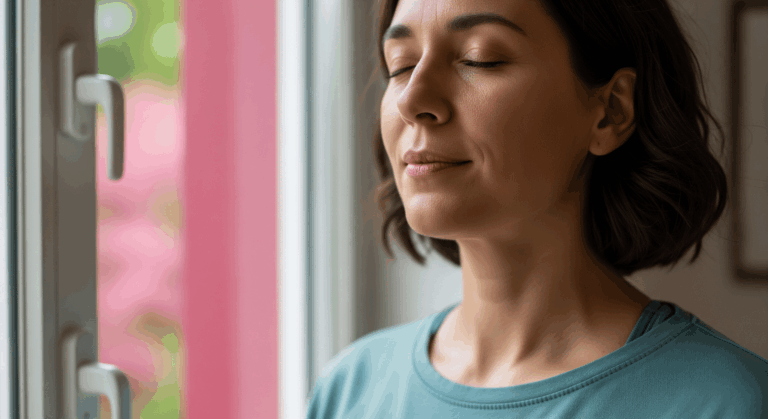 Woman standing by window with eyes closed calmly.
