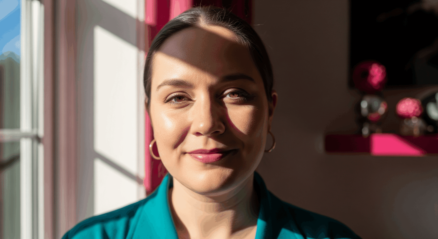 Woman smiling softly in natural sunlight.