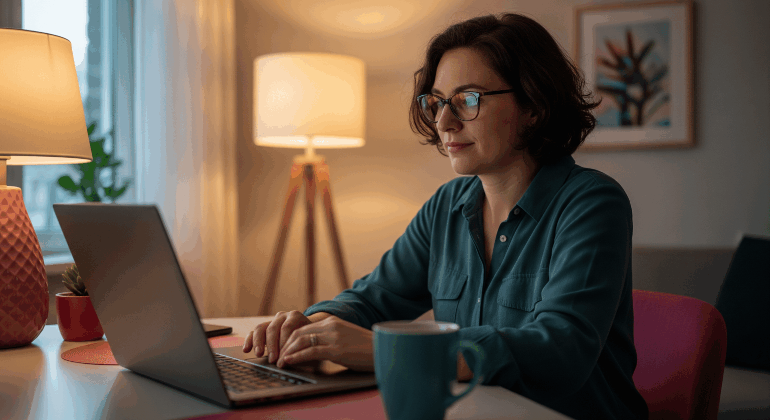Woman working on laptop in warm evening lighting.