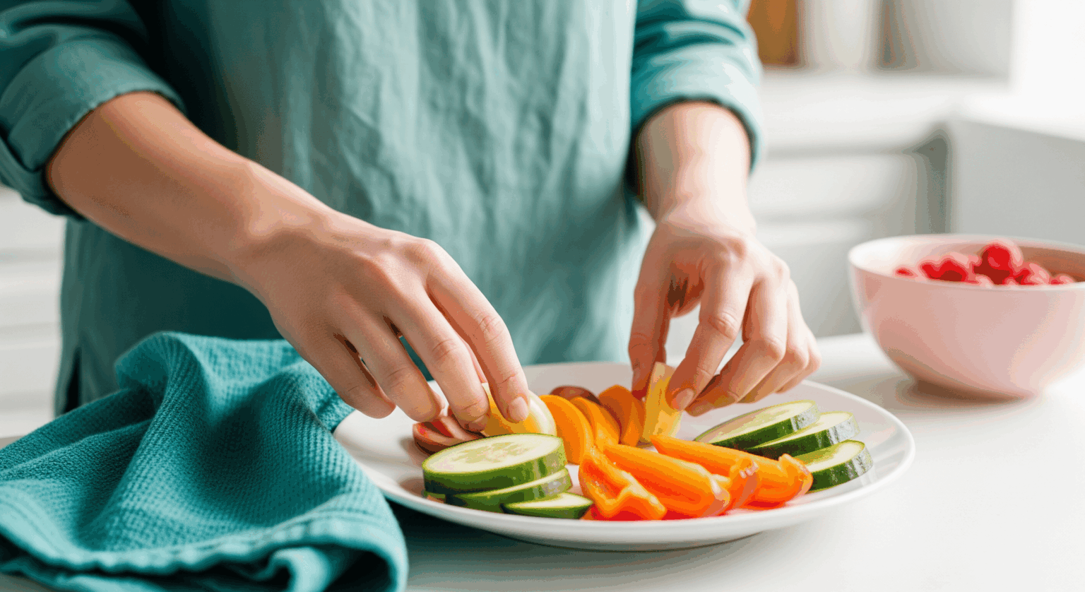 Person arranging fresh vegetables on a plate.