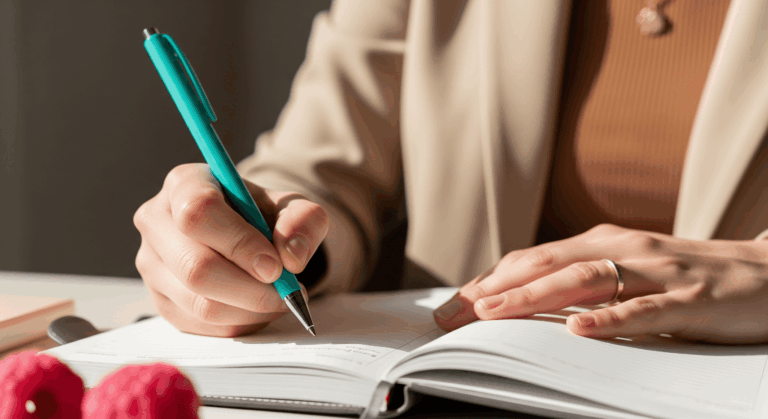 Hands writing in a notebook with a pen.
