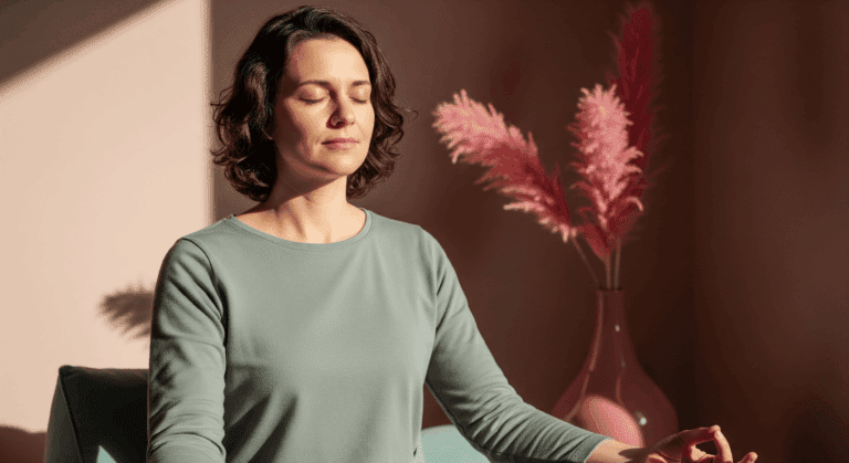 Woman meditating with eyes closed in natural light.