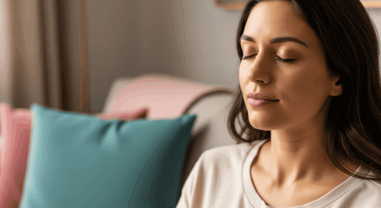 Woman sitting calmly with eyes closed at home.
