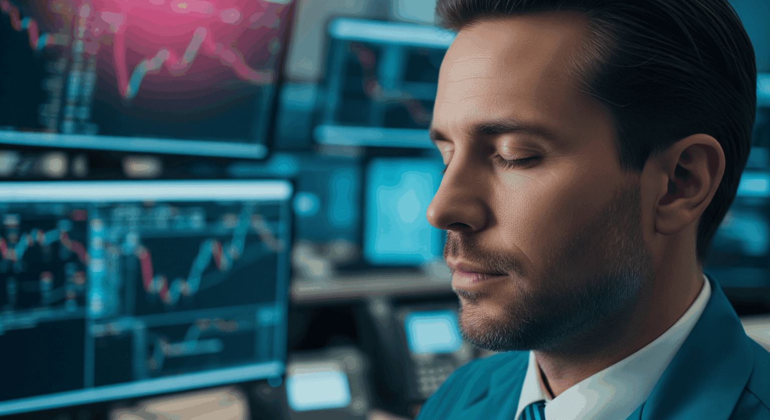 Man with eyes closed in front of trading screens.