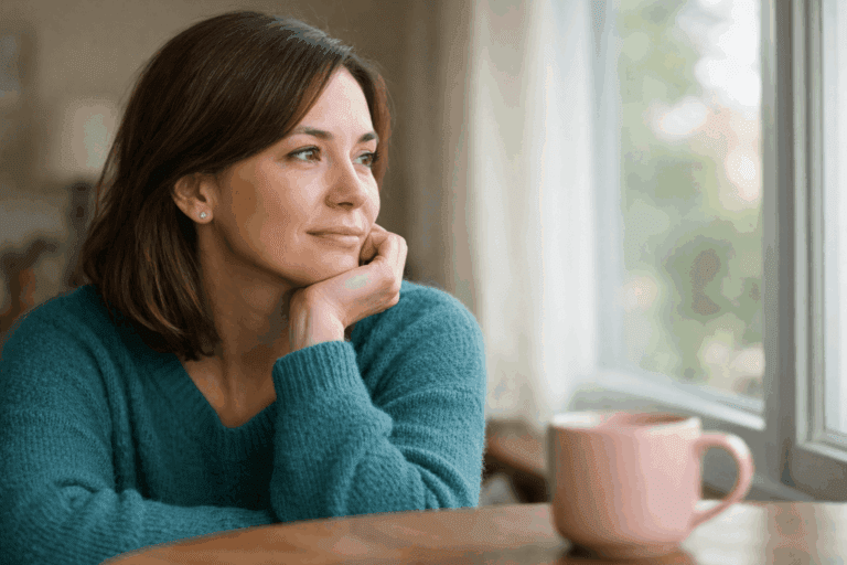 Woman gazing out window, reflecting hypnosis support for creating emotional distance after betrayal.