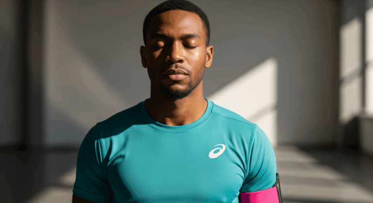 Athlete standing with eyes closed representing hypnosis for athletic performance